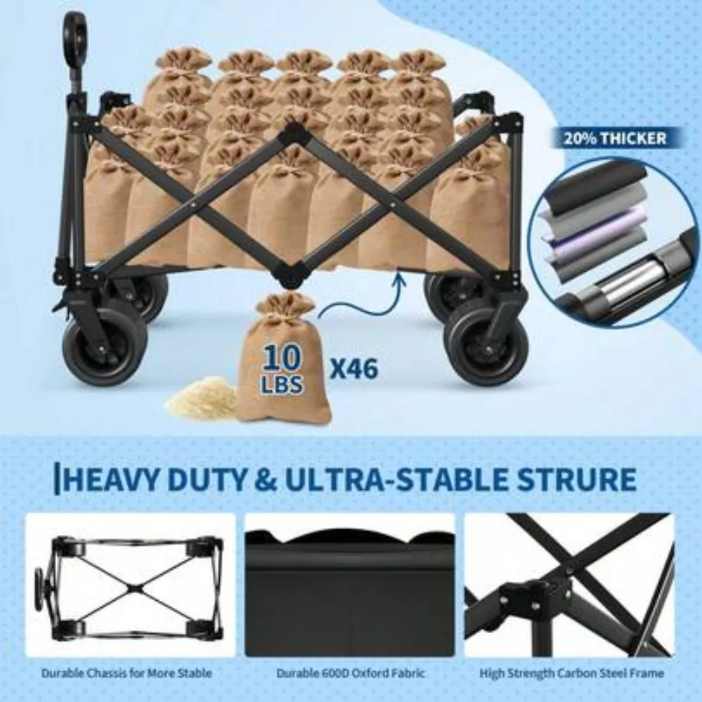 Foldable Wagon Cart with 460 LBS Weight Capacity, 280L Large Collapsible Utility Wagon with All Terrain Wheels, Adjustable Handle, Drink Holders, Storage Cover and Elastic Rope, Heavy Duty Folding Wagon for Camping, Shopping, Garden, Beach and Outdoor