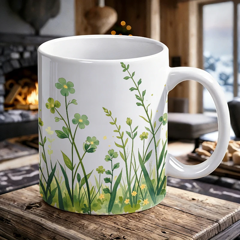 

Watercolor-style green floral ceramic mug, coffee cup, milk cup, office tea cup, drinking cup, fade-resistant, gift for friends