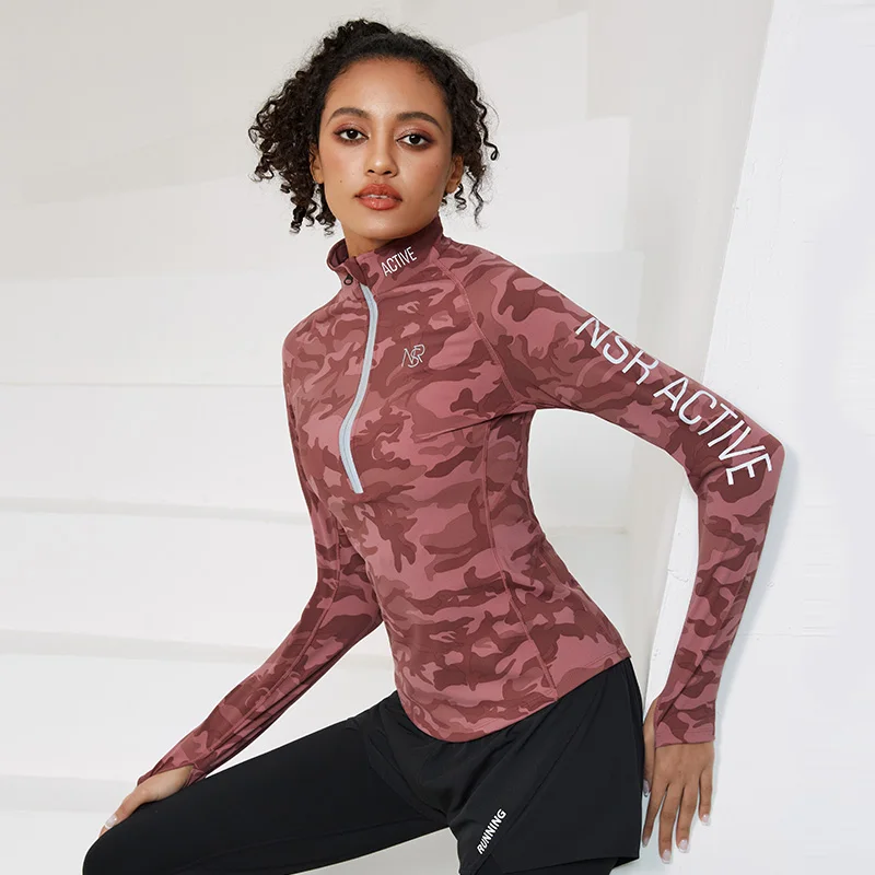 Alta qualità palestra Camouflage Sport maniche lunghe Running Women stretto mezza cerniera Yoga magliette allenamento Top Athletic Fitness Tops