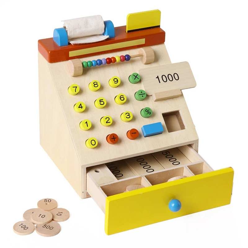 

Children Supermarket Wood Simulation Cash Register Checkout Counter Pretend Game Toys Toy Cash Register for Kids