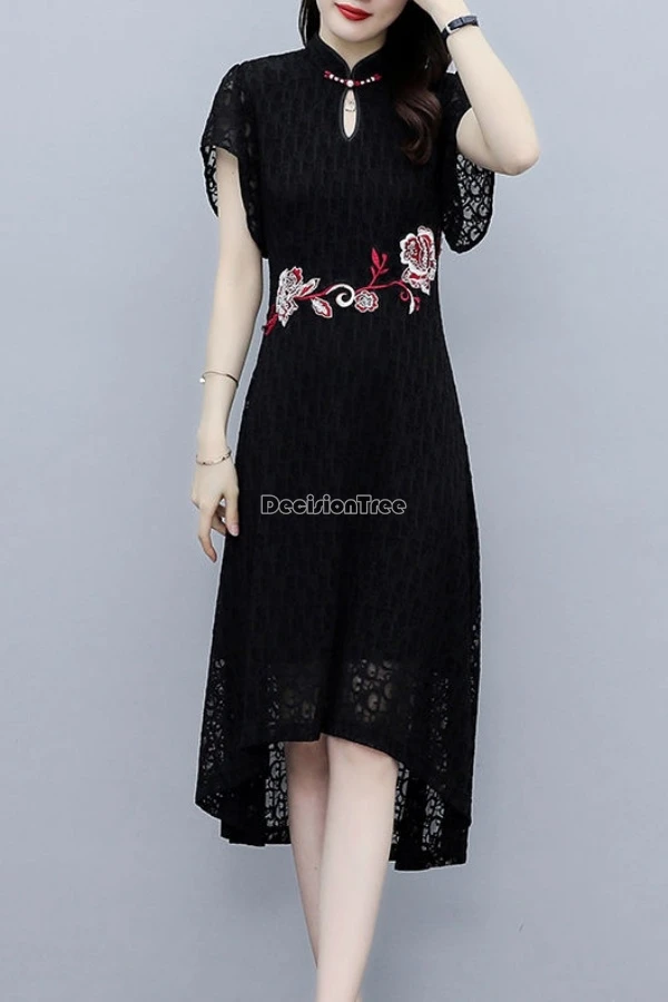 

2024 summer fashion hollow out design cheongsam dress new chinese improved lace short sleeve slimming women qipao dress w428