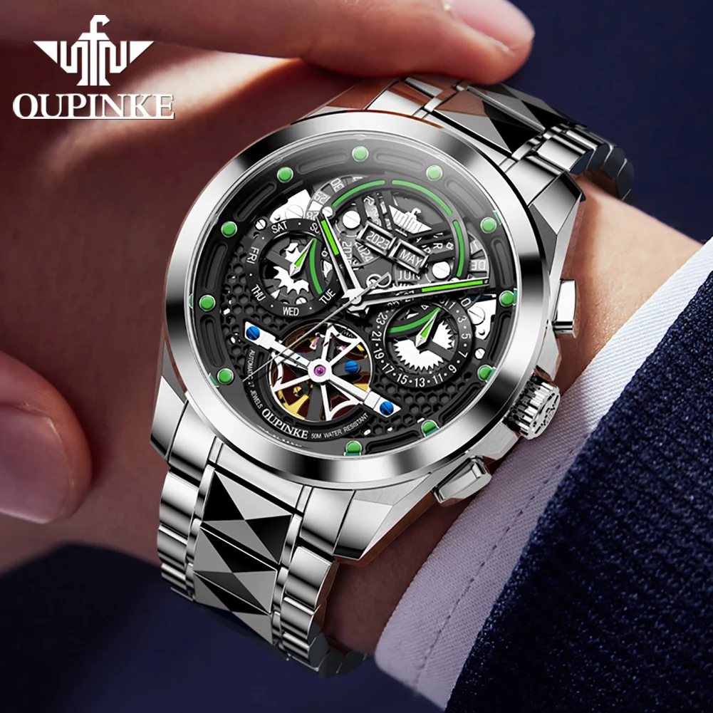 OUPINKE Men Watch Tungsten Steel Strip Waterproof Luminous Fully Automatic Mechanical Watch for Male Multifunctional Skeleton