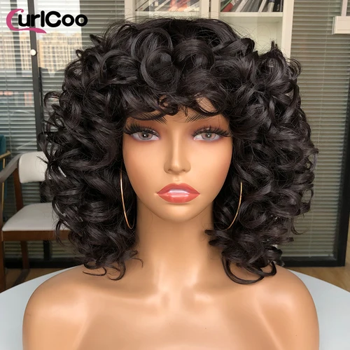 Pelucas rizadas Afro de pelo corto con flequillo para mujeres negras pelo sintético esponjoso africano ombré marrón Rubio pelo de fibra Natural