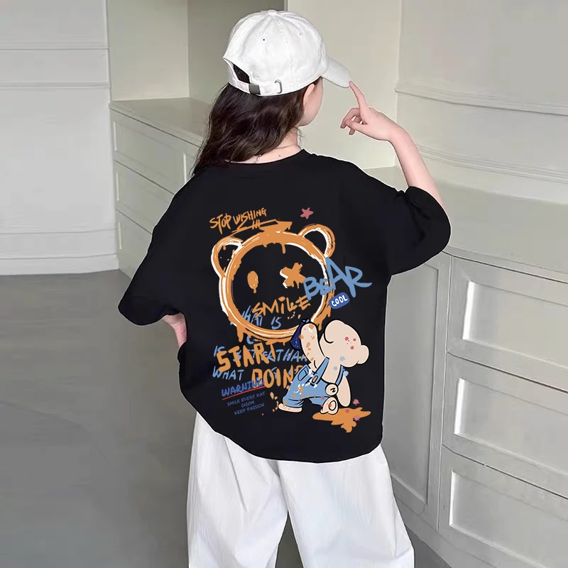 

Summer Streetwear 100% Cotton Boys T-shirt Bear Graffiti Print Girls Tees Short Sleeve Children Tops High Quality Kids Clothes