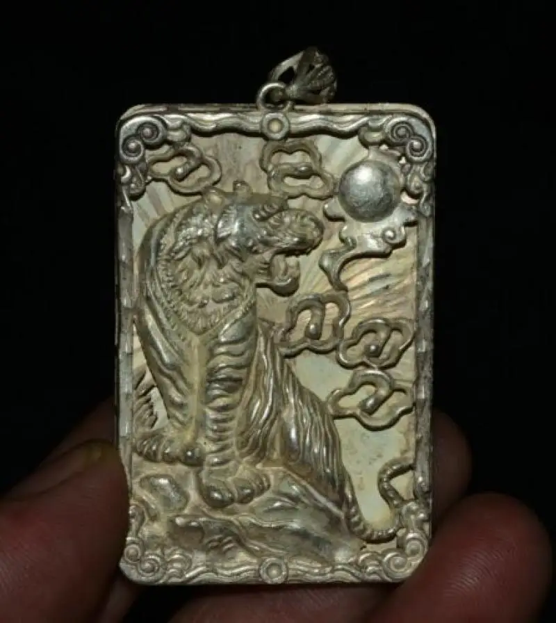 6Cm Rare Chinese Miao Silver Feng Shui 12 Zodiac Year Tiger Luck Amulet Pendant