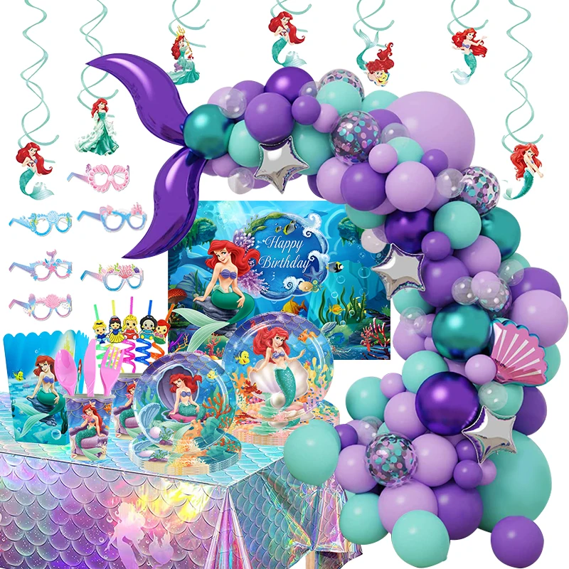 The Little Mermaid Birthday Decoration Tableware Cup Plate Ariel Balloon Set Banner Backdrop Theme Event Party Supplies For Kid