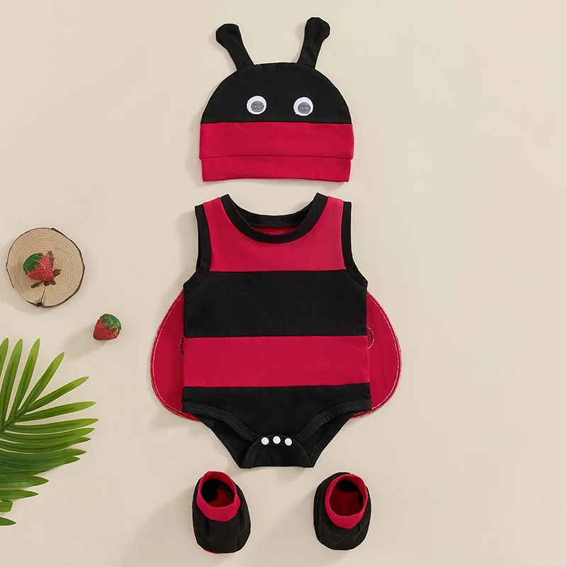 4-Piece Baby Ladybug Costume Halloween Set Cute Sleevesless Round Neck Romper Wing Hat Socks Cosplay Clothes