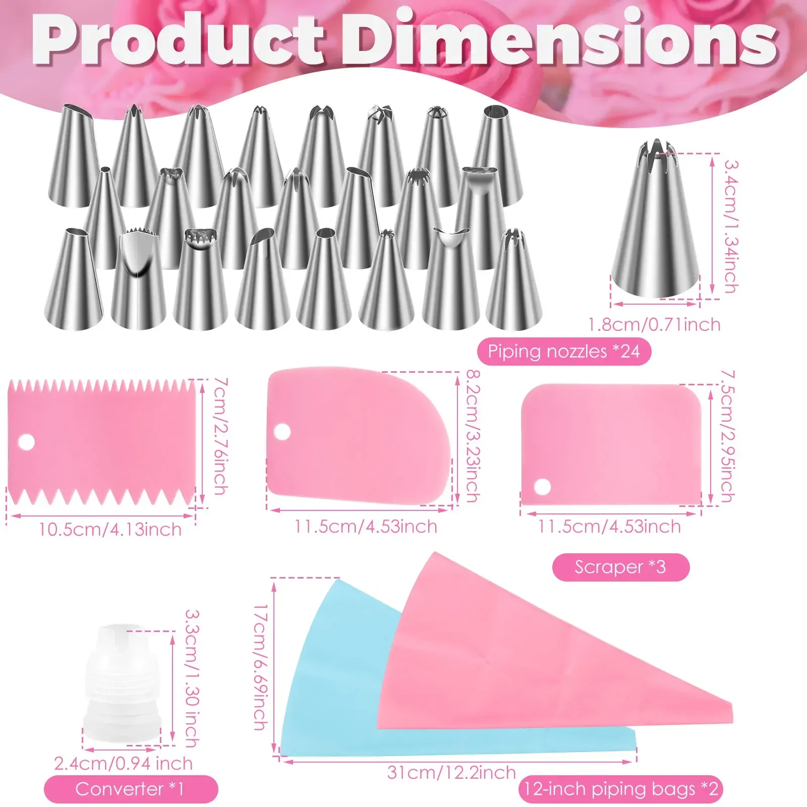 30/126Pcs Piping Bag and Tip Set Stainless Steel Tip and 12 Inch Piping Bag for Cake Decorating, Cupcakes, Cookies Baking Tools