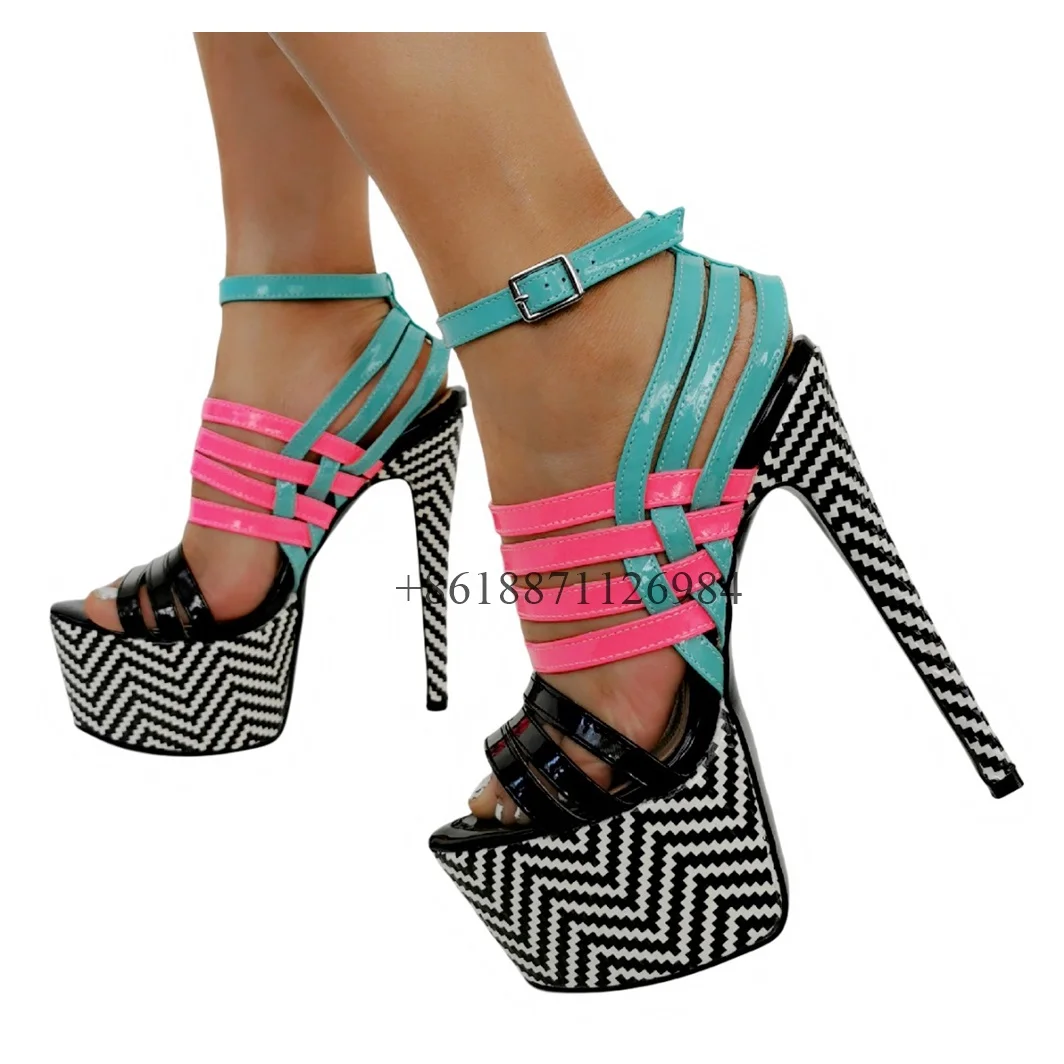 

Sexy Style Mixed Colors Peep Toe Platform Summer Women Sandals Stiletto Super High Heels Buckle Strap Design Large Size Shoes