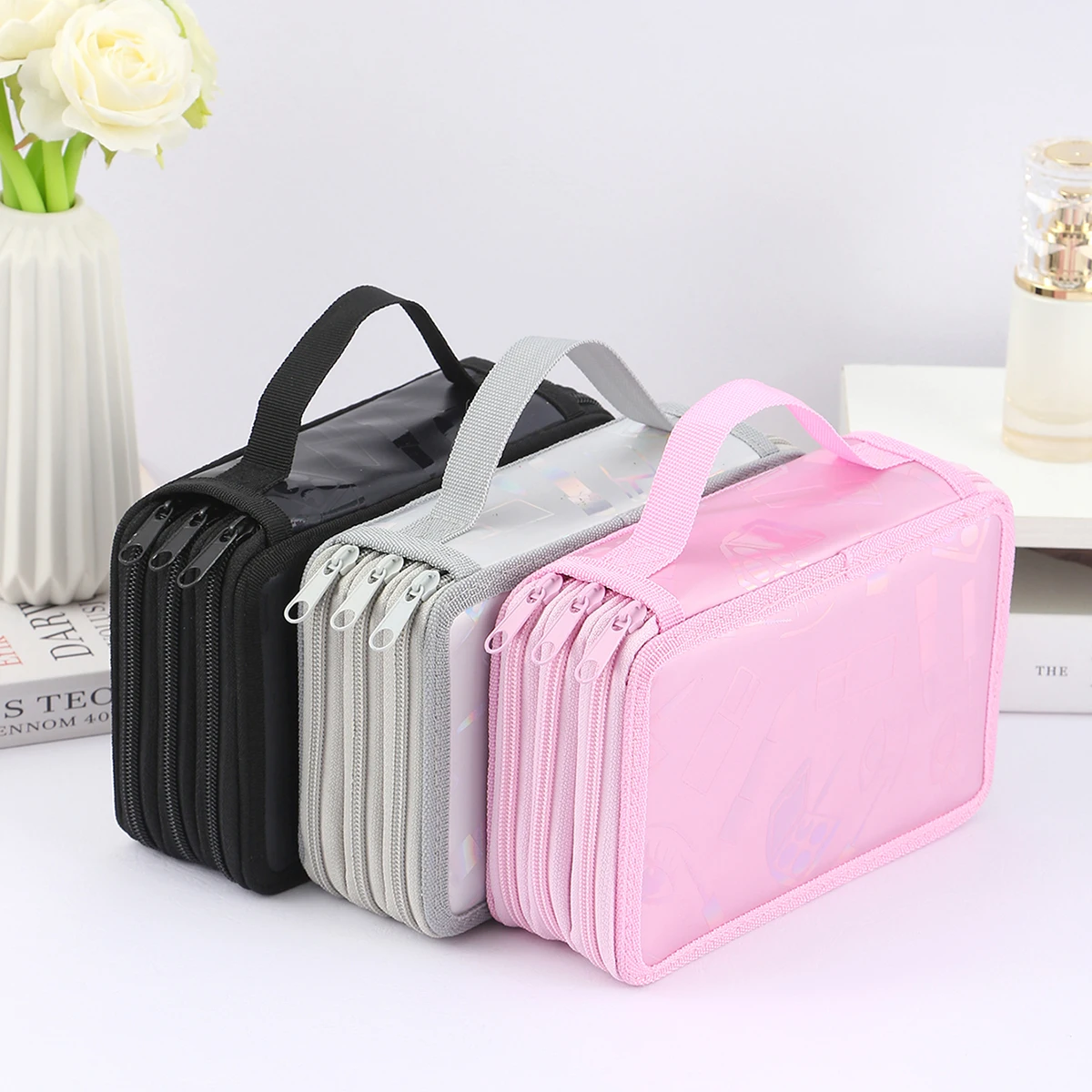 4 Zipper Pencil Case Large Capacity Holographic Pen Bag With Handle Colored Pencil Organizer For School Office Art Supplies