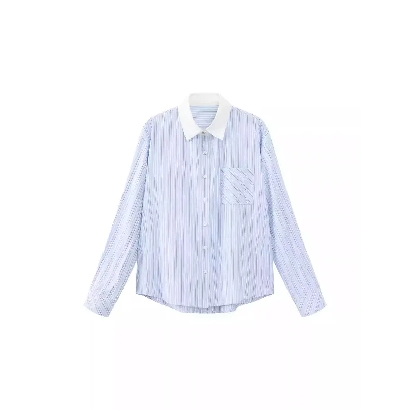Striped Shirt Women Elegant Loose Blouse Color Block Collar Office Top Autumn Slimming Professional Commuter Button Down Shirt