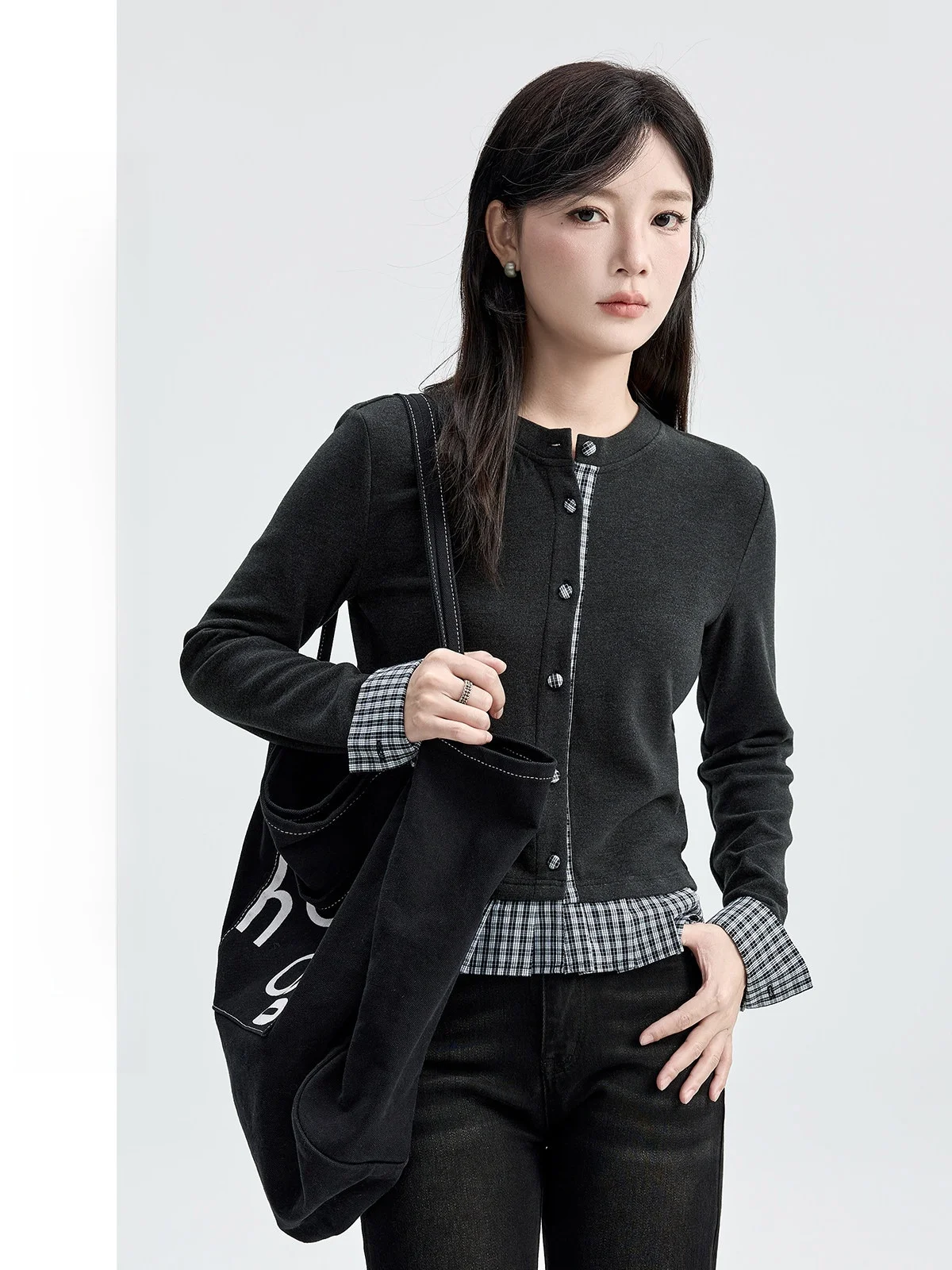 

Вязаный кардиган Guier для женщин, приталенный, с подплечниками, в клетку, с лоскутным узором, с длинными рукавами, повседневный, осенняя новинка