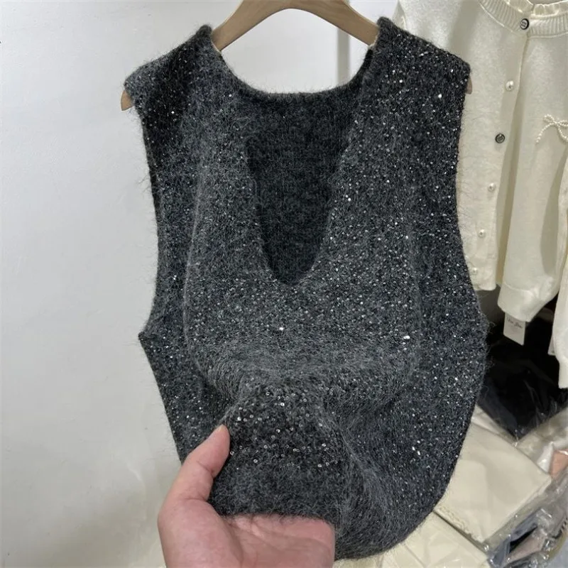 

Korean Style Shiny Vest Sequined V-neck Sleeveless Loose Sweater Vest Women's Top
