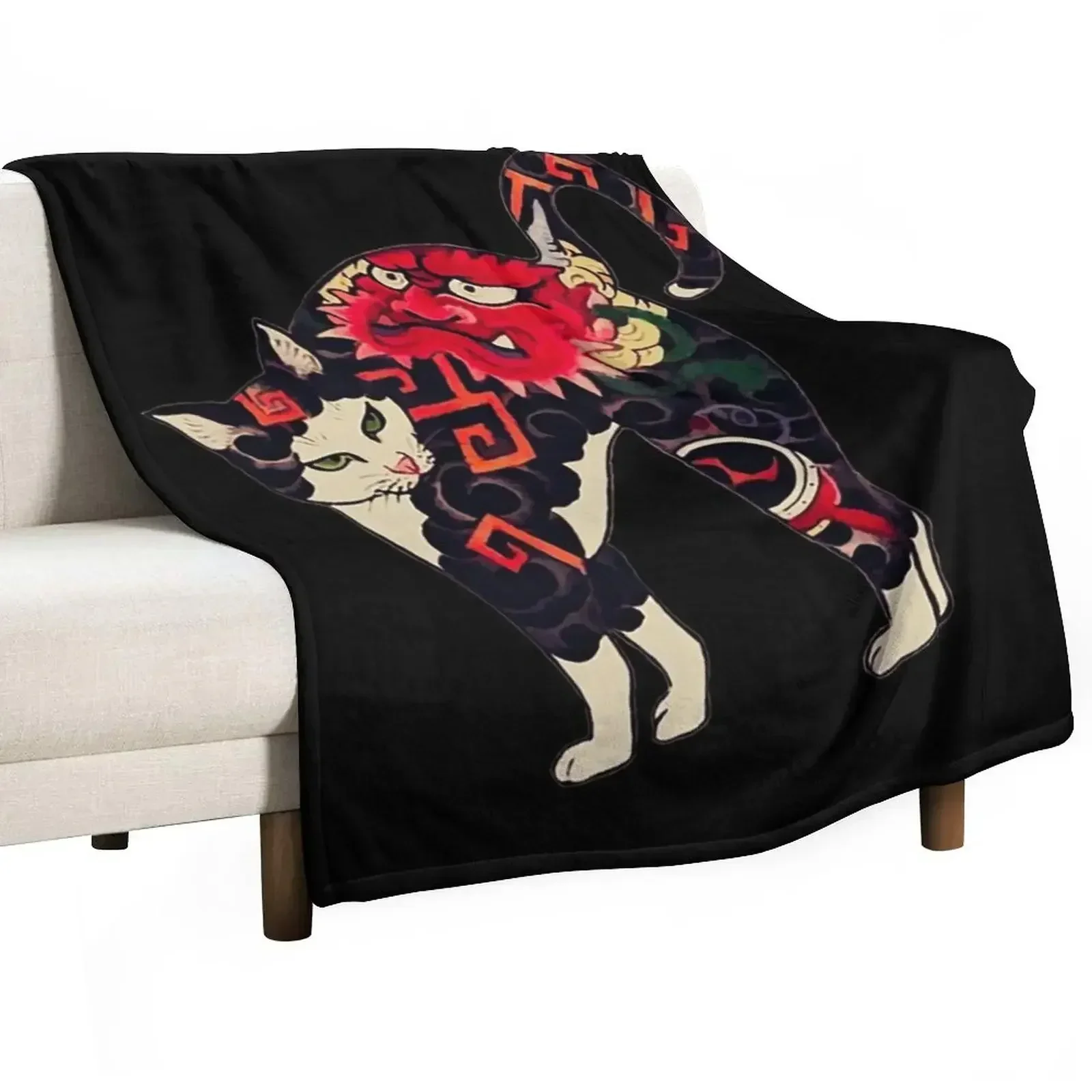 Manta decorativa con estampado japonés antiguo de madera de un gato con tatuajes de flores, sin bolitas, suave y cálida para cama