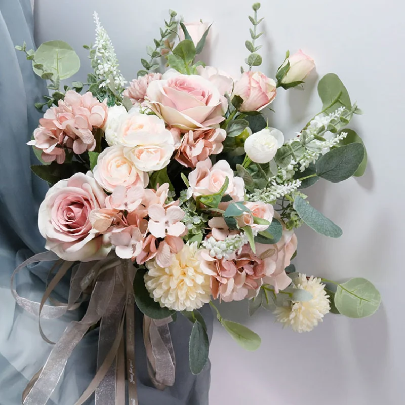 37X28cm Bridal Bouquet Home Floral Business Event Wedding Pink Simulated Flower Bundle Bridal Handheld Flowers 588