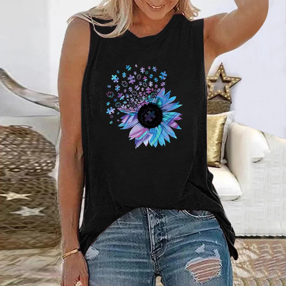 

Seeyoushy Hot New Summer Women T Shirts Purple Sunflower Print Casual Tee Shirt Femme Sleeveless Harajuku 90s Girls Tops Clothes