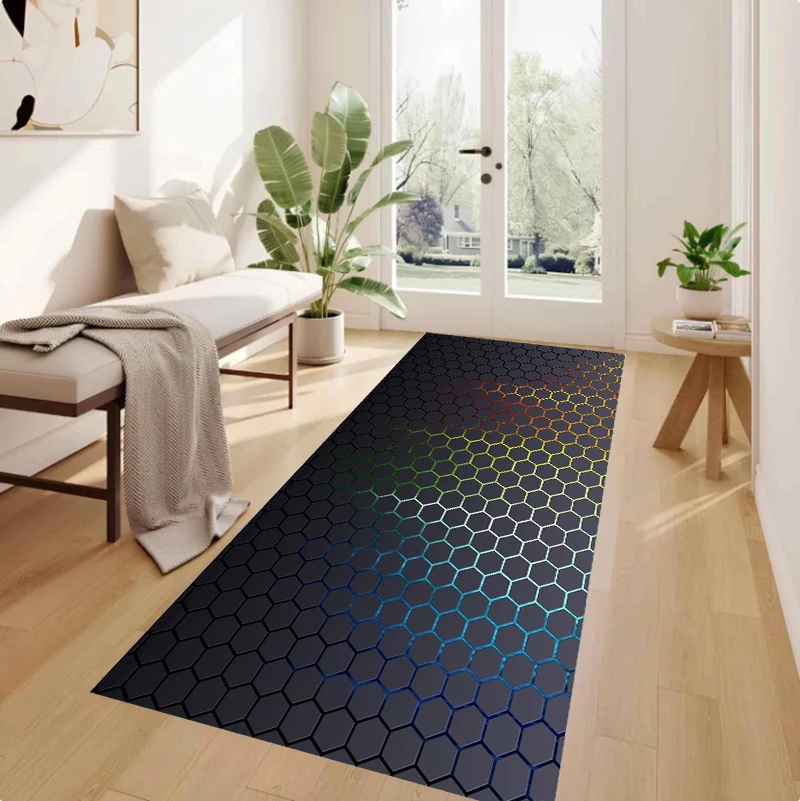 Long Strip Hexagon Pattern Area Rug Black Background Rainbow Gradient Design Non-Slip Mat for Living Rooms Tech-Style Spaces