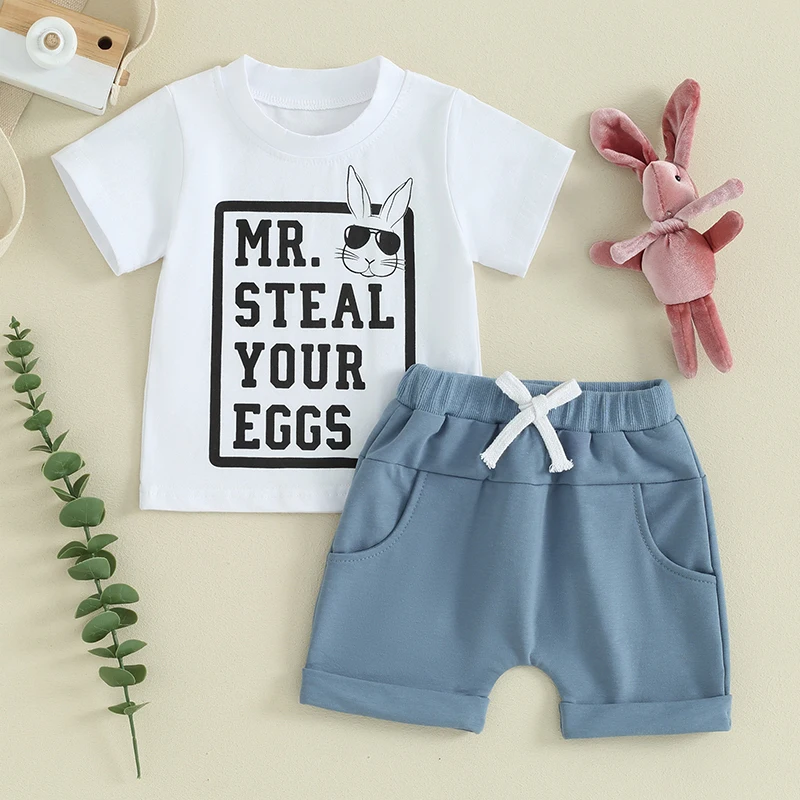 

Toddler Baby Boy Easter Outfit Bunny Letter Short Sleeve Crewneck T-Shirt Tops Solid Shorts 2Pcs Summer Clothes Set