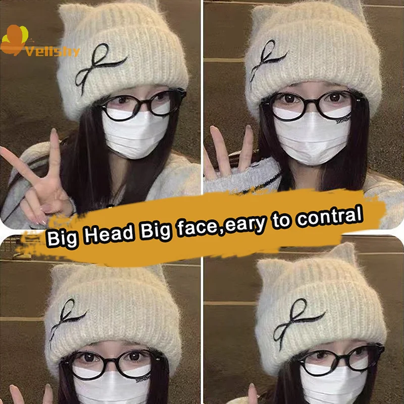 

Шапки для девочек с милыми кошачьими ушками, осенние и зимние новые вязаные шапки, зимние теплые шапки с бантиками, маленькие шапки, морозостойкие теплые шапки, 1 шт.