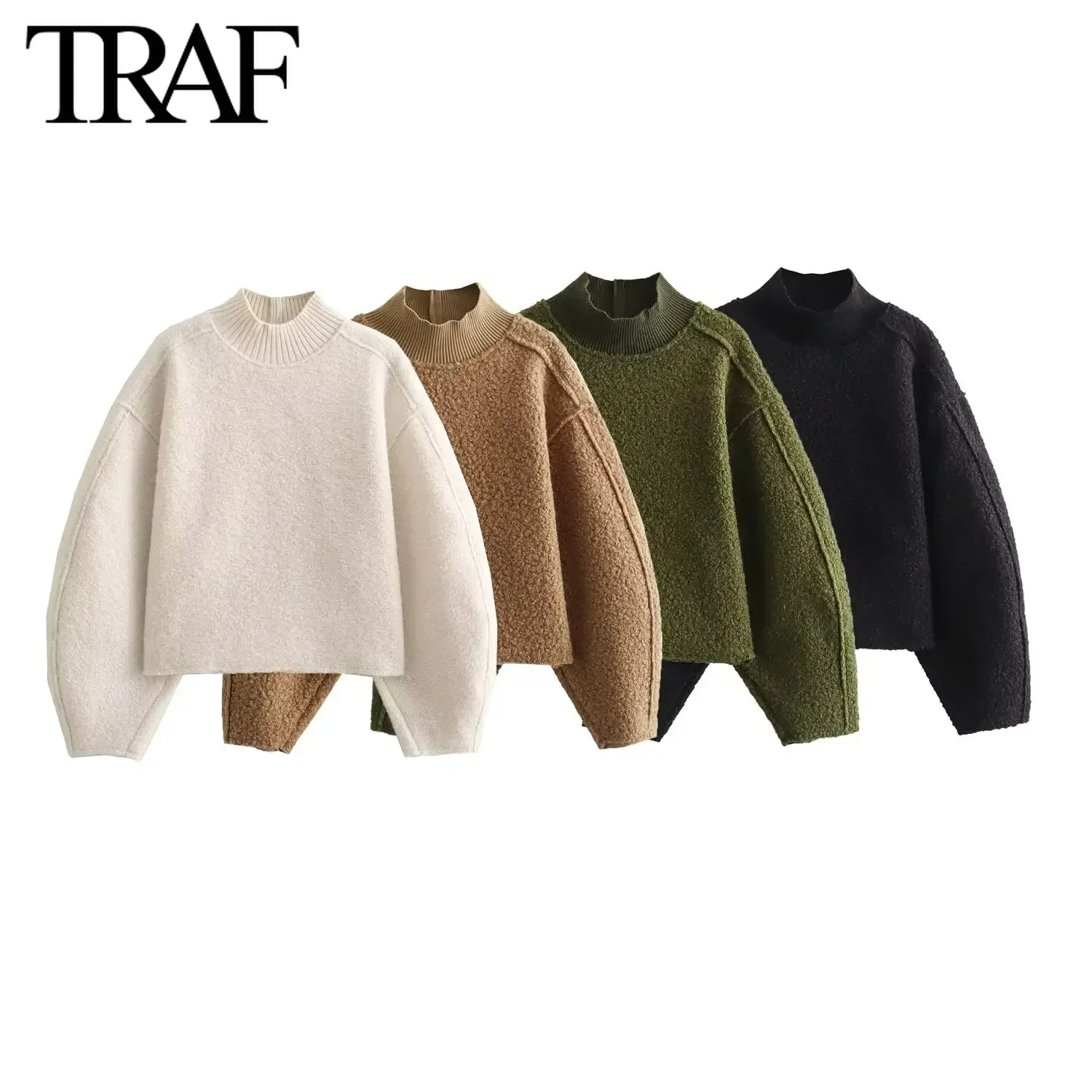 TRAF Women Fashion Autumn Winter 2024 New Loose Solid Color Long Sleeved Stand Collar Pullover Top Chic Female Sweatshirt