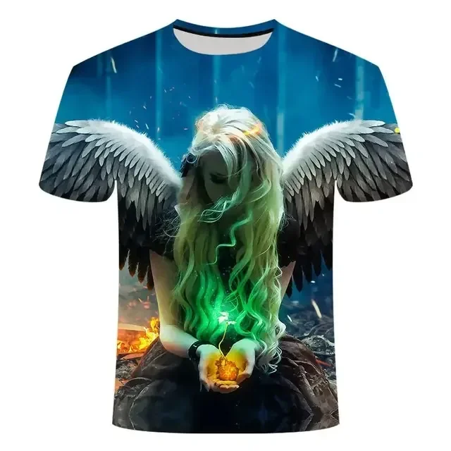 2024 Summer New T-shirt Fashion 3d Printed Angel Wings Casual Sports Short Sleeve Loose Comfortable Breathable Top Clothing