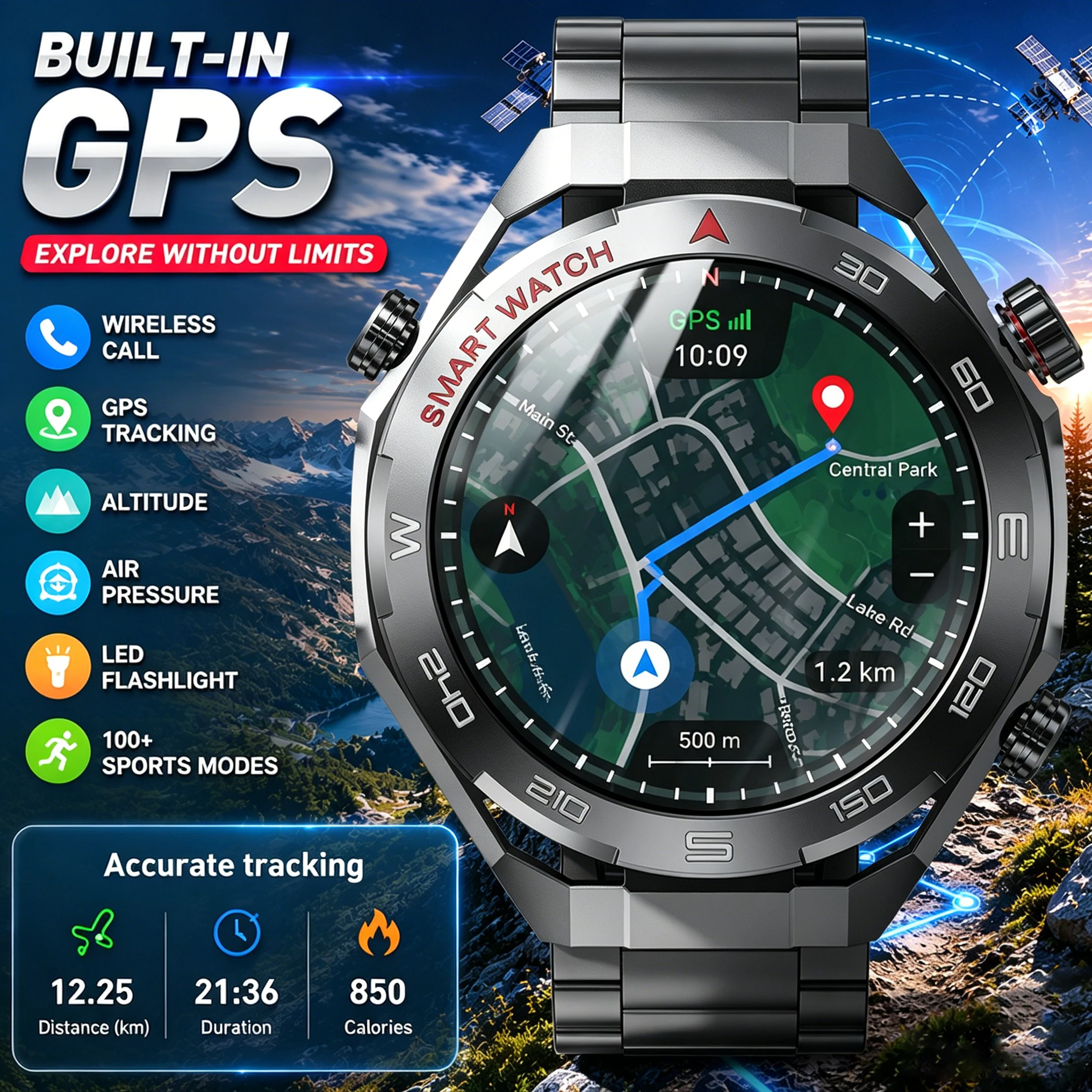 Smart Watch Men Built-in GPS Tracker Bluetooth Call Outdoor Sports Watch 100+ Sport Modes Heart Rate SpO2 Altimeter Barometer
