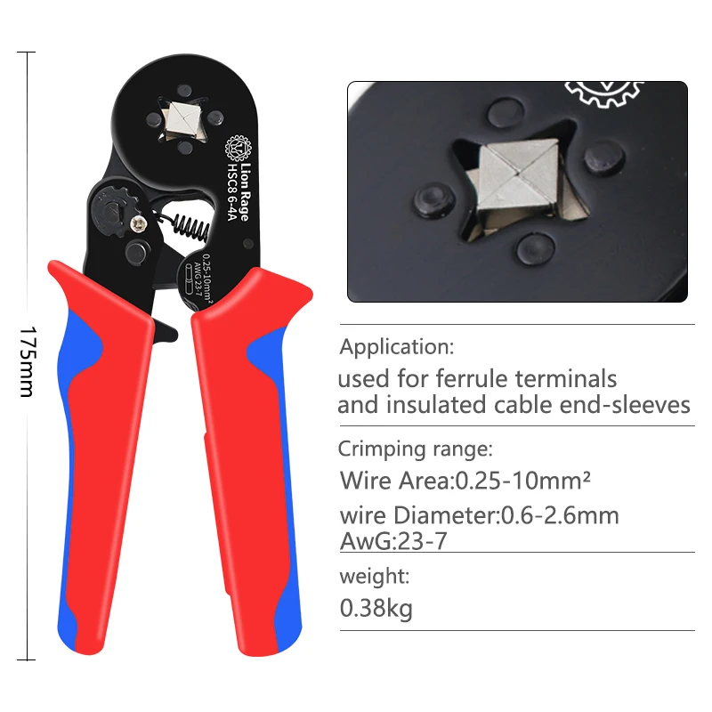 Manual crimping tool for ferrule terminals HSC8 6-4 ferrule crimping pliers Electrical fixture set Wire head 0.25-10mm ² 23-7AWG