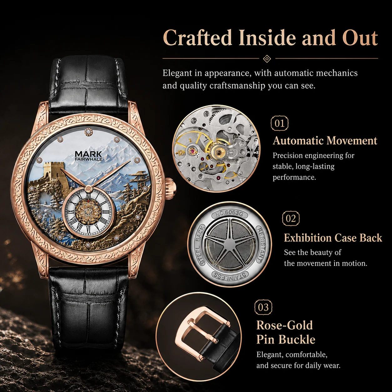 MARK FAIRWHALE Mens Mechanical Automatic Wristwatch 3D Great Wall Black Textured Leather Strap Daily Splash Resistant Watch