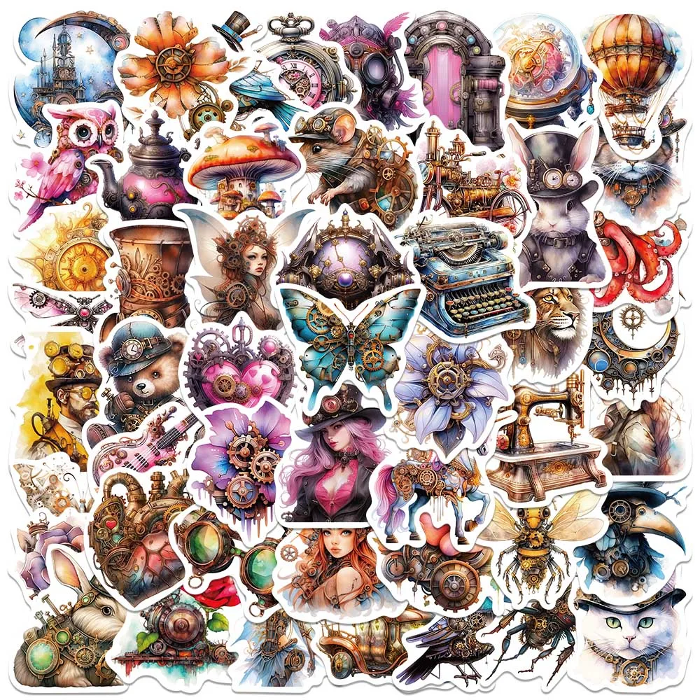 50pcs Aesthetic Watercolor Cartoon Steampunk Graffiti Stickers For Laptop Water Bottle Luggage Notebook Waterproof Vinyl Decals