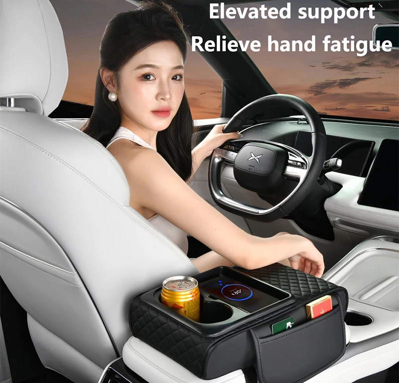

Leather Car Armrest Box Wireless Charging Heightening Cushion Cup Holder Tissue Box Storage Pocket Arm Rest Cover Height Pad