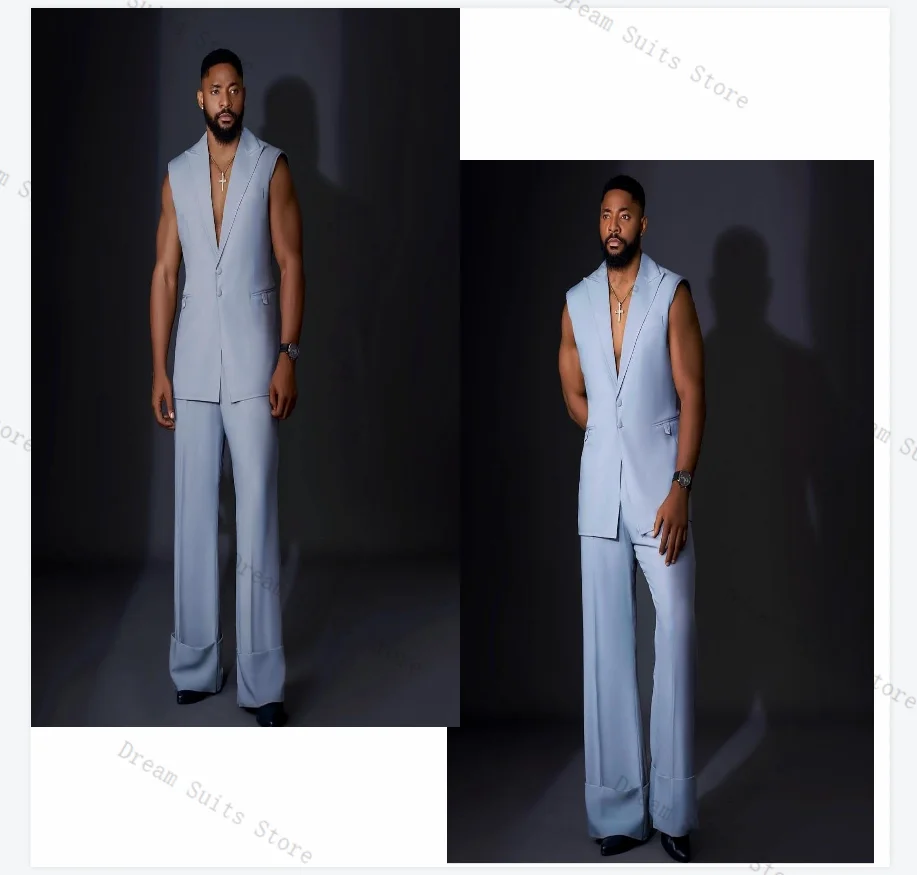 

Summer Light Blue Men Suit Set 2 Piece Vest+Pant Trousers Customized Formal Office Jacket Sleeveless Prom Groom Wedding Tuxedos