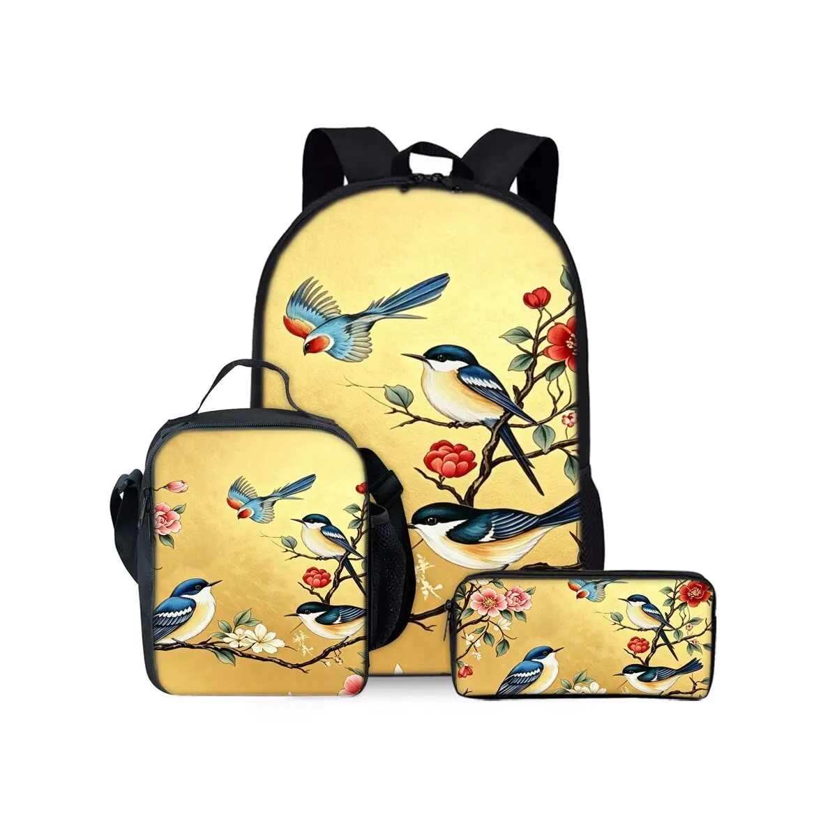 Bird Print Three Piece Backpacks Set for Boy and Girls Best Gifts 2D Flat Cartoon School Bag for Children