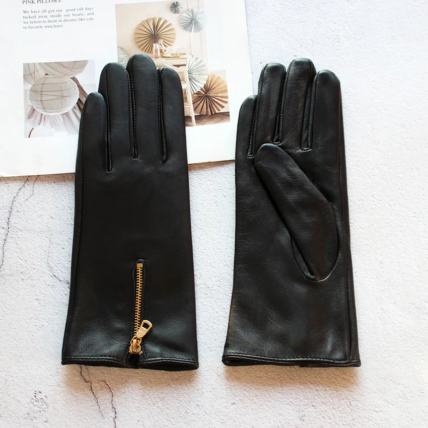 Fashion Zipper Leather Sheepskin Gloves Women\'s Suede Autumn and Winter Warm New Touch Screen Motorcycle Riding Gloves
