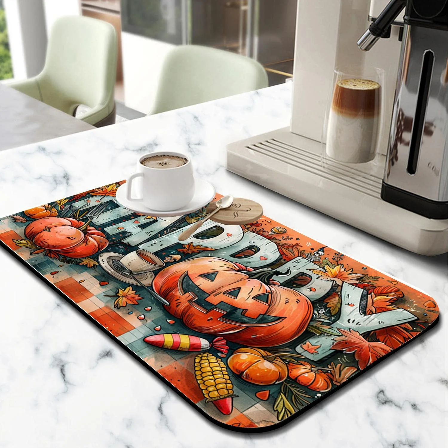 1pcs Halloween Cartoon Pumpkin Coffee Mats Kitchen Dish Drainage Carpet Floor Mats Personal Placemats Washable Rugs