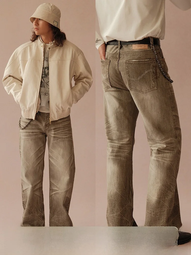 

Loose Wide Leg Pants High Waist Cotton Denim Youth Faion Water Waed Pleated i een Dyeing Narrow Waist Snake Hole