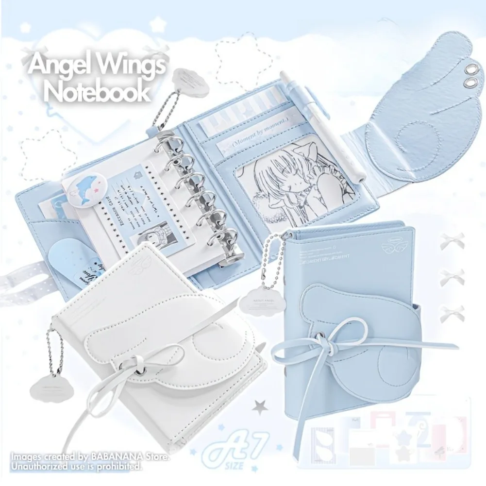 Kawaii Angel Wings Notebook A7 Leather 3 Fold Binder Journal Elastic Closure Loose Leaf Sketchbook Multi Pocket Storage Planner - view 3