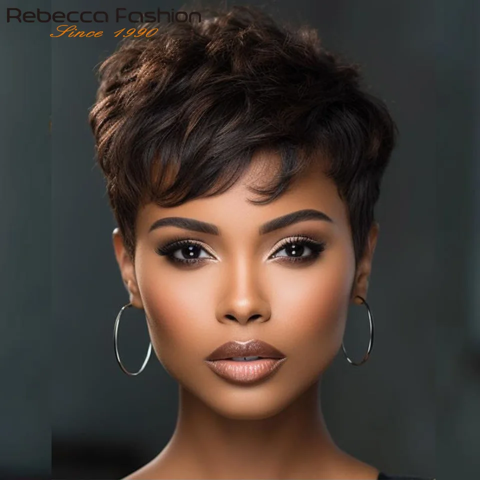 Rebecca Brown P1B/30 Short Pixie Cut Curly 100% Human Hair Wig For Women Brazilian Remy Hair Colored Side Part Full Machine Wigs