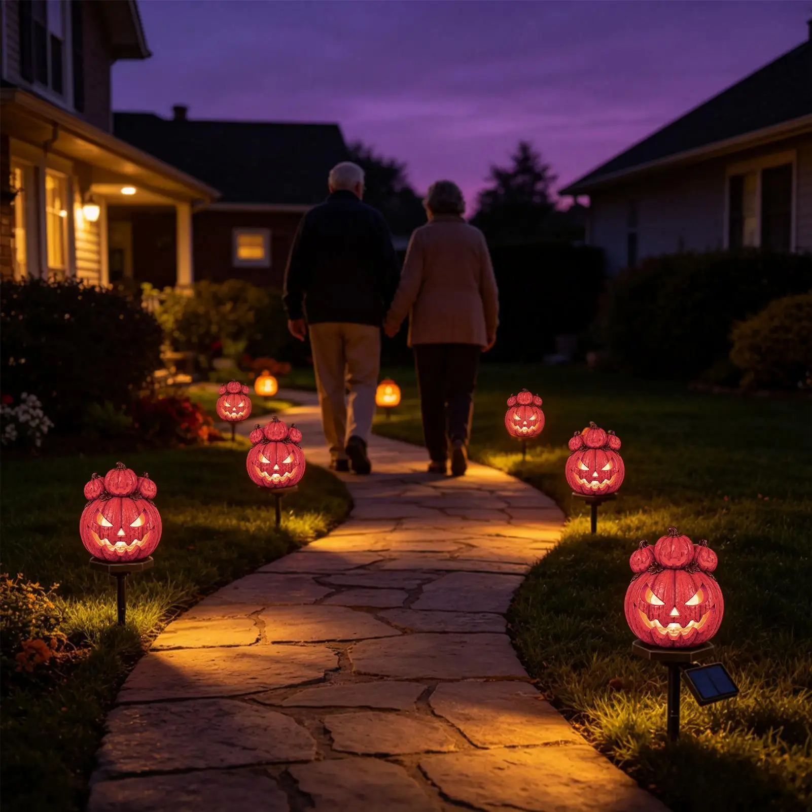 Halloween Solar Powered Pathway Lights Resin Waterproof Pumpkin Ground Stakes Holiday Patio Porch Lawn Walkway Yard Decoration