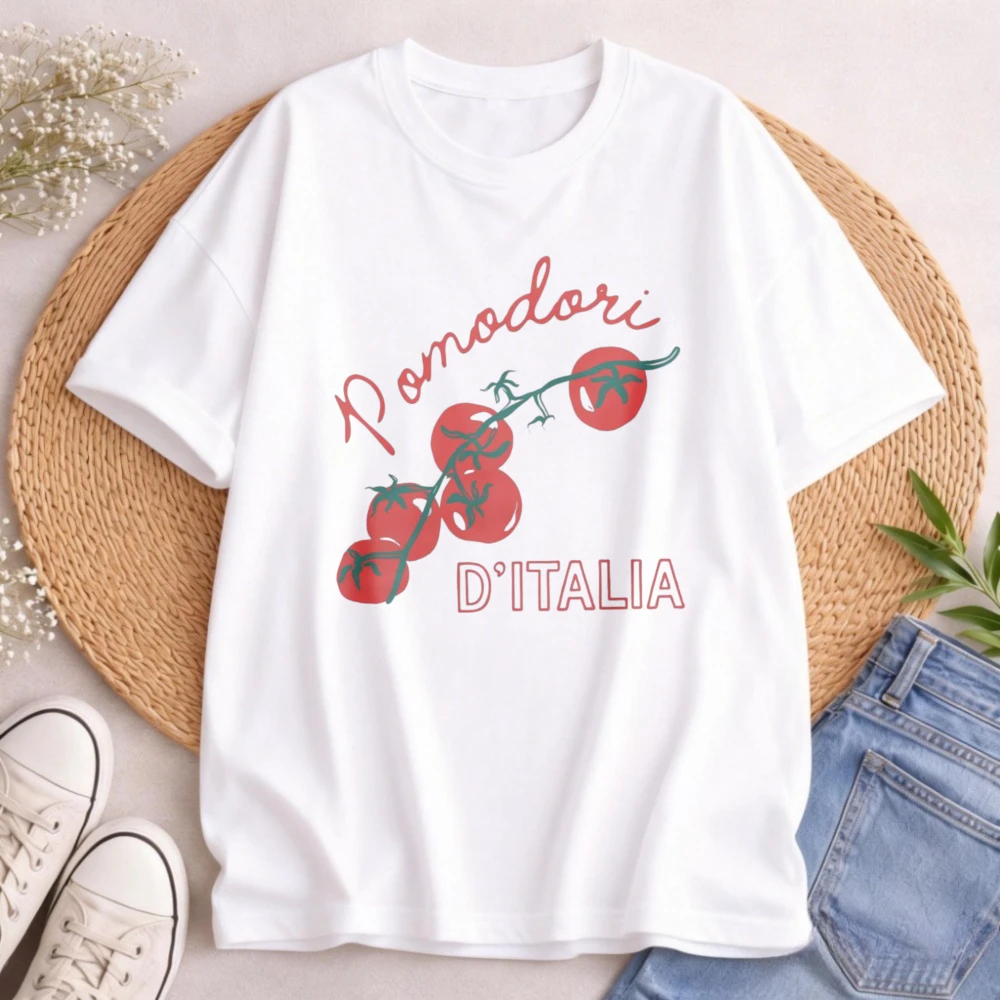Pomodori D’Italia Crop Top para mujer, camiseta vintage con estampado de tomate, ropa de vacaciones de verano italiana, regalo, tops gráficos Y2K con cuello redondo de gran tamaño