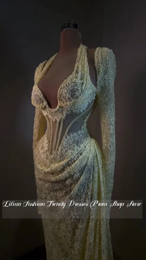 Custom Yellow Lace Wedding Dress Semi Sheer Corset Dreamy Bridal Gown Formal Evening Gown Engagement Dress Bridal Wedding Dress