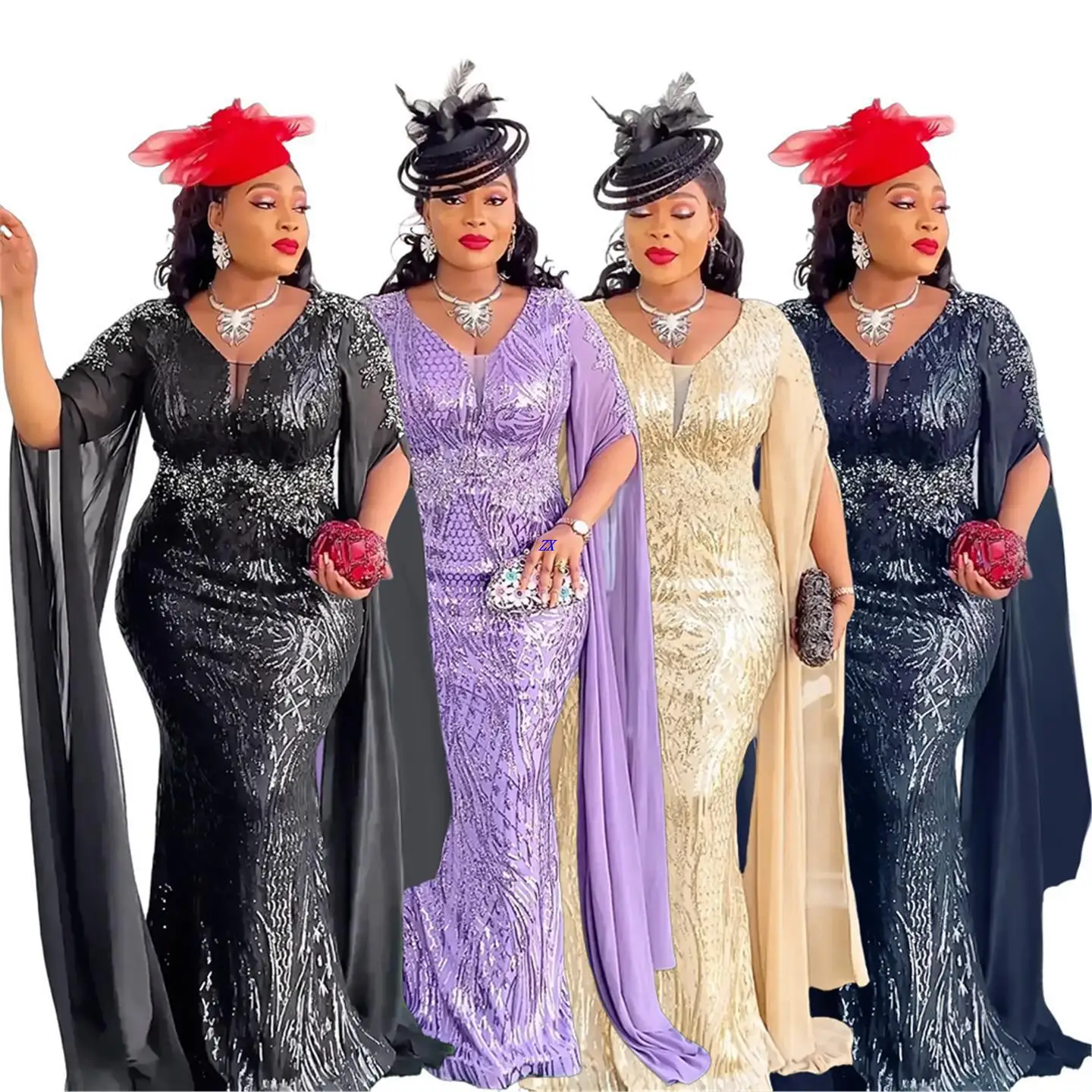 

rican Faion Women's V-Ne Dr Large Size Long Dr Cross-Border Cisas Par Dr High Waist H-Sle Gown