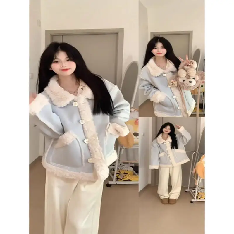 Veste rembourrée pour femmes, vêtements quotidiens d'extérieur, manteau en laine d'agneau bleu pour femmes, automne hiver 2025, nouveau Style coréen, doublure en fourrure de coton polaire