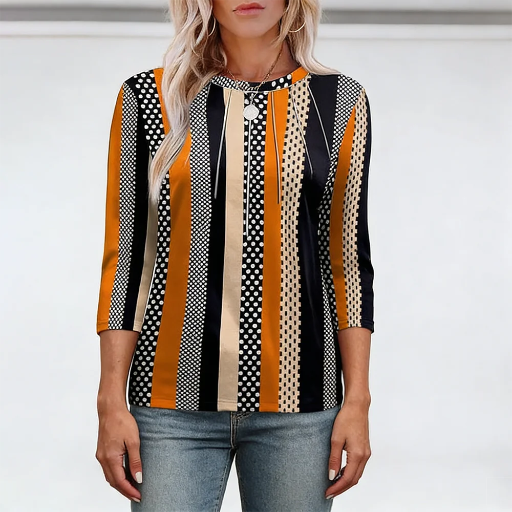 2026 Women's Summer New Arrival: 3/4 Sleeve Striped & Polka Dot Blouse – Round Neck, Loose Fit, Color Block Pattern