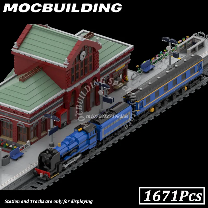 Conjunto de trem largo com 7 pinos, modelo de exibição, acessórios de ferrovia, blocos de construção moc, brinquedos diy, presentes, presente de natal