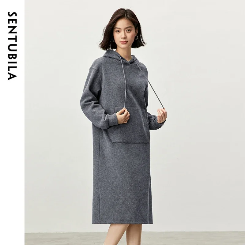 SENTUBILA Hooded Sweatshirt Dress Women 2024 Autumn Winter Casual Loose Drop Long Sleeve Warm Dresses Woman Clothing 143L56912