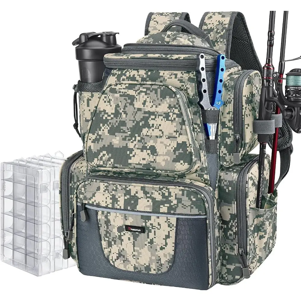 

Fishing Backpack with Dual Rod Holders and 4 Tackle Boxes, Large Storage Bag with Rain Cover for Fishing Gear