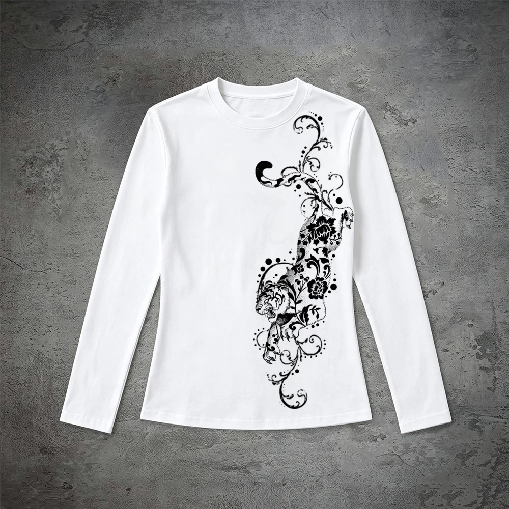 Long Sleeve T‑Shirt Round Neck Tiger Floral Vine Tattoo Art Graphic Tee Retro Gothic Slim Fit Casual Top Wholesale
