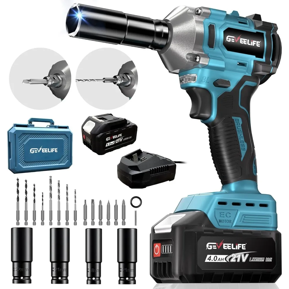 Obeng Impack Tanpa Kabel 450N.m/332Ft-lbs, Pistol Impack Tanpa Kabel 1/2 inci dengan Baterai 4.0Ah & 6 Soket, Obeng Impack Elektrik