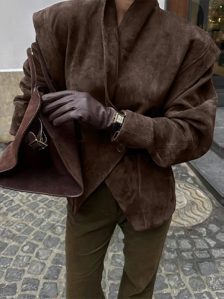 Dámská bunda z umělé semiše s odkládacím límcem a dlouhým rukávem, volný dámský kabát, podzim/zima 2025, dámské streetwear, retro outfity - náhled 3