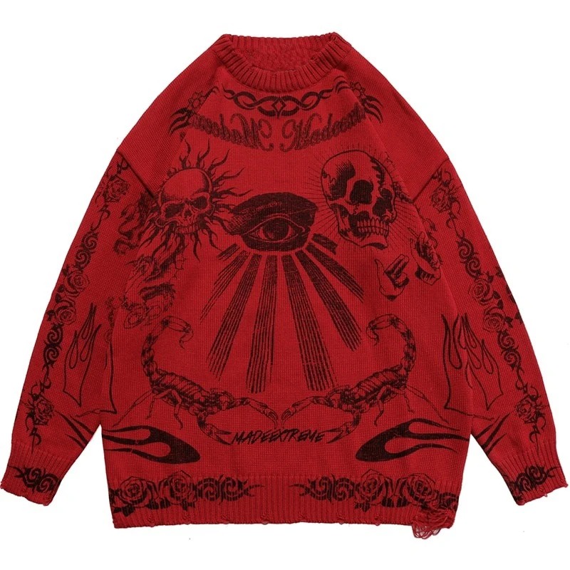 Hip Hop Rock Y2K Zipper Cardigan Knitted Warm Loose Skull Cotton Sweater Ethnic Top Clothing Autumn and Winter New Street Style